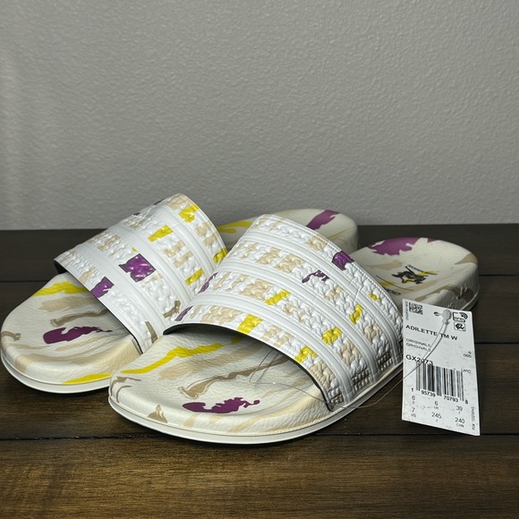 Adidas Women's Adilette Thebe Magugu Slides - Cloud White/Beige /Yellow /Purple - Picture 4 of 8